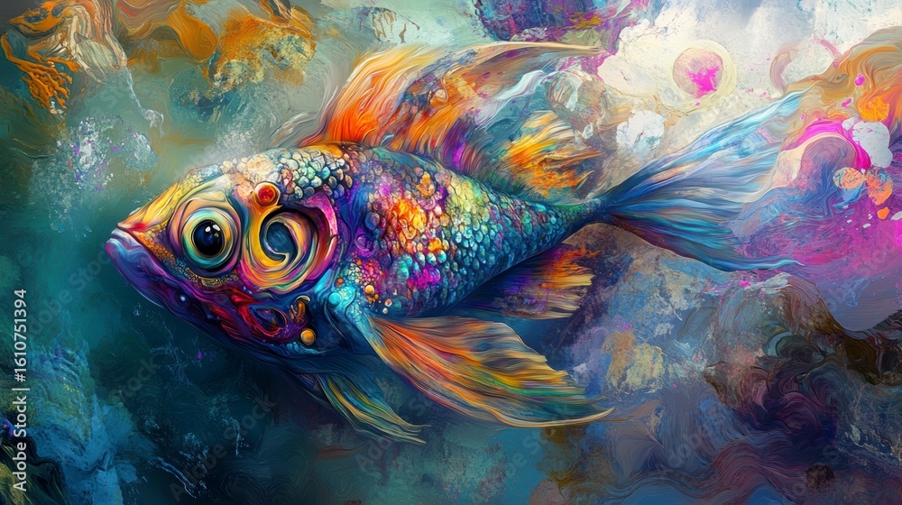 Fototapeta premium Vibrant, colorful fish art with swirling abstract background.
