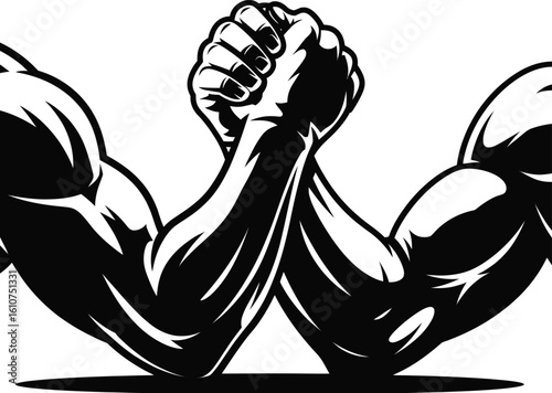Powerful Arm Wrestling Match: Black and White Strength and Competition Icon