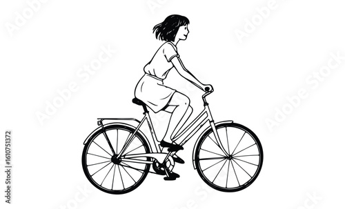 Asian female teen riding bicycle illustration in sketch style. Vector retro hand drawn illustration
