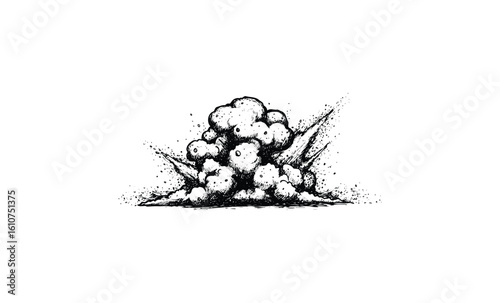 Monochrome ink explosion artwork with dynamic cloud and debris. Vector retro hand drawn illustration