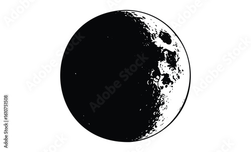 Detailed black and white illustration of the moon with craters and shadows. Vector retro hand drawn illustration