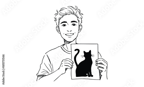Young caucasian male holding cat silhouette drawing with a cheerful smile. Vector retro hand drawn illustration