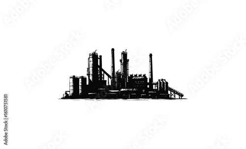 Industrial factory silhouette with smokestacks and tanks. Vector retro hand drawn illustration