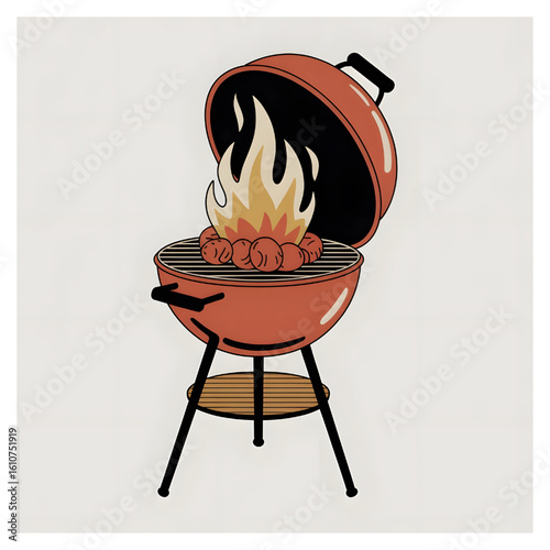 Stylized Red BBQ Grill with Flames: Perfect Summer Cookout Icon