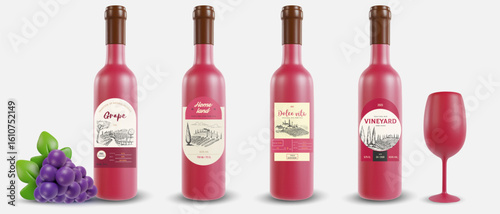 Wine bottle with label design template for branding. Set of realistic 3d mockup. Vector illustration.