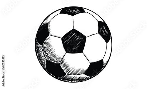 Intricate hand-drawn soccer ball sketch in black and white design. Vector retro hand drawn illustration