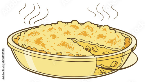 Illustration of a casserole dish with a serving removed and steam rising from the dish top