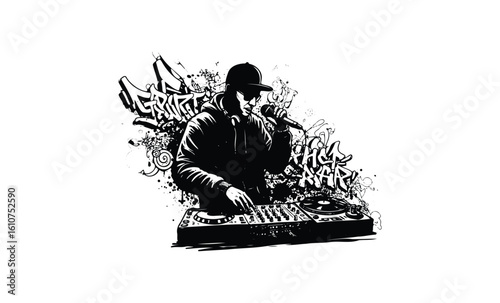 Male dj performing with turntables and microphone in urban graffiti art style. Vector retro hand drawn illustration