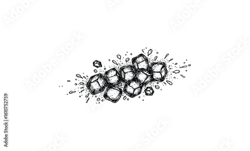 Hand-drawn splashing ice cubes. Vector retro hand drawn illustration