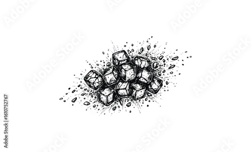 Detailed black and white ink sketch of ice cubes with splash effect. Vector retro hand drawn illustration