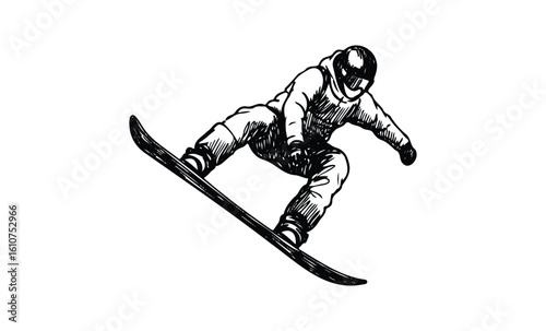 Monochrome illustration of snowboarder in action: winter sports enthusiast jumping on snowboard. Vector retro hand drawn illustration