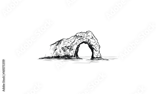 Monochrome illustration of natural rock arch on water. Vector retro hand drawn illustration