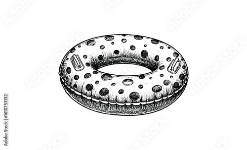 Vintage inflatable swim ring with polka dot pattern in black and white sketch. Vector retro hand drawn illustration