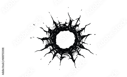 Intricate abstract black ink circle with sharp spikes. Vector retro hand drawn illustration
