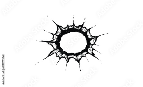 Grunge circular black hole design with dynamic spikes. Vector retro hand drawn illustration