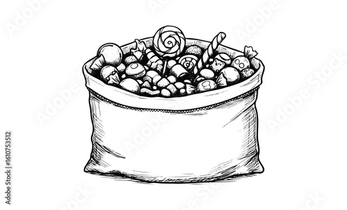 Black and white bag of mixed halloween candy illustration with lollipop. Vector retro hand drawn illustration