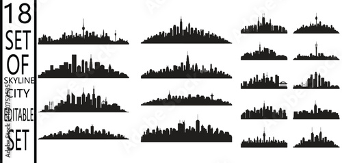 Eighteen black city skyline silhouettes arranged in rows on a white background vector illustration