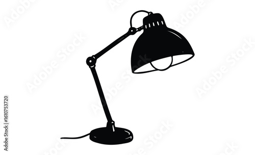 Black adjustable desk lamp with round base and curved shade. Vector retro hand drawn illustration