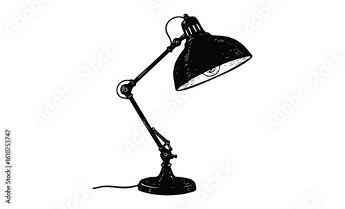 Black and white illustration of adjustable desk lamp with detailed design features. Vector retro hand drawn illustration