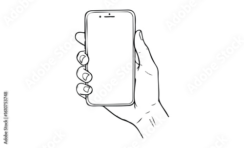Hand holding smartphone outline drawing in black and white sketch style. Vector retro hand drawn illustration
