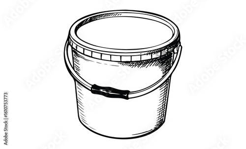 Monochrome sketch of a plastic bucket with handle. Vector retro hand drawn illustration