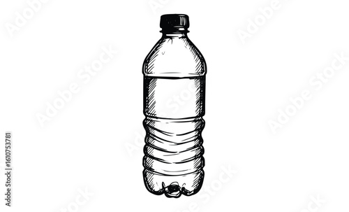 Hand-drawn clear plastic water bottle with black cap illustration. Vector retro hand drawn illustration
