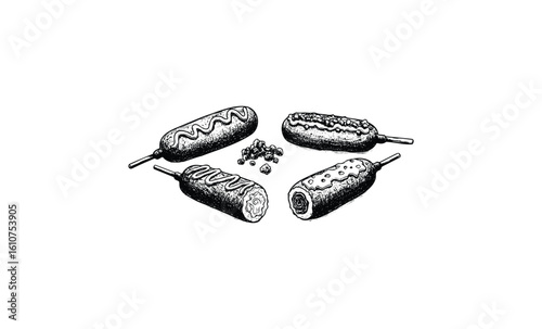Variety of delicious corn dogs with sauces and toppings in monochrome art. Vector retro hand drawn illustration