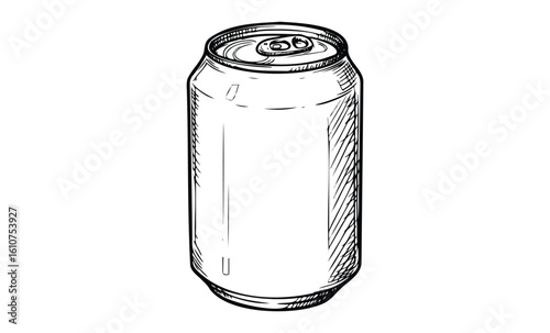 Hand-drawn soda can illustration with detailed line art. Vector retro hand drawn illustration