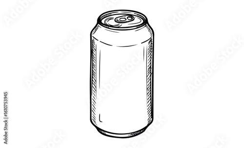 Black and white sketch of a tall beverage can with detailed line art. Vector retro hand drawn illustration