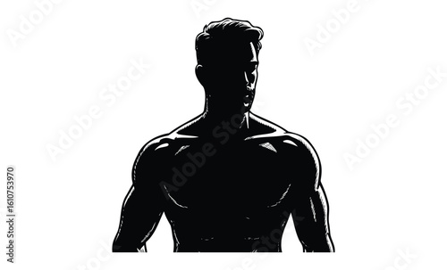 Silhouette of muscular male with defined features and short hair. Vector retro hand drawn illustration