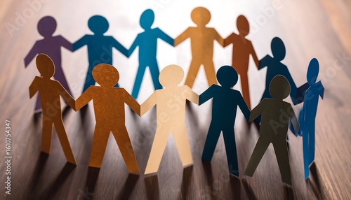 Diverse paper chain of people figures on wood