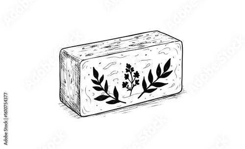 Hand-drawn rustic soap bar with delicate botanical leaf and flower design. Vector retro hand drawn illustration