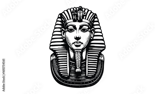 Detailed black and white illustration of ancient egyptian pharaoh tutankhamun's bust. Vector retro hand drawn illustration