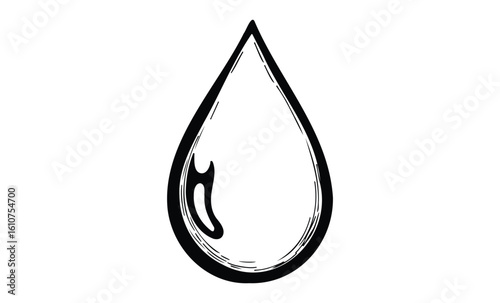 Minimalist black and white water droplet illustration. Vector retro hand drawn illustration