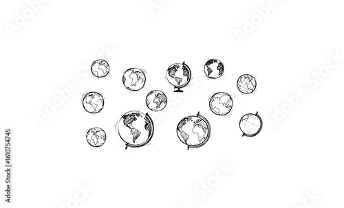 Multiple globes sketch illustrating different perspectives of earth. Vector retro hand drawn illustration