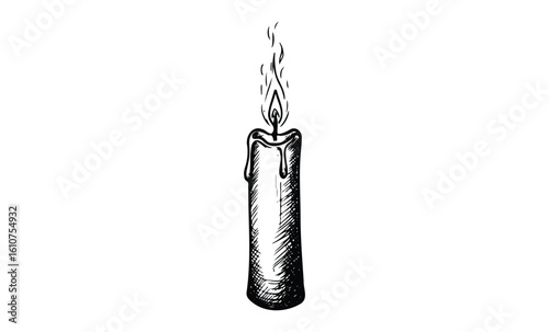 Hand-drawn candle sketch with dripping wax and flickering flame. Vector retro hand drawn illustration
