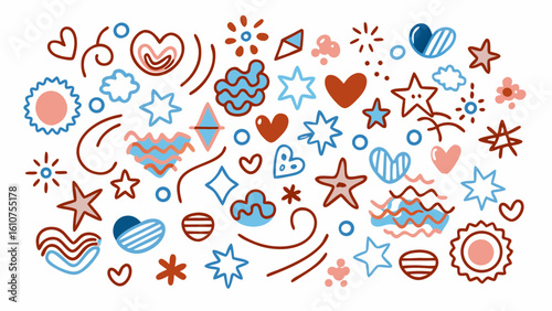 Hand-drawn whimsical pattern; blue, red, and peach hearts, stars, and abstract shapes; playful, joyful mood; seamless repeat design.