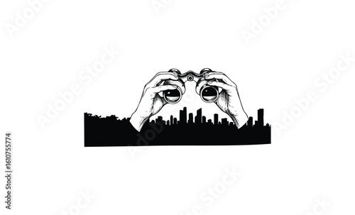 Silhouette of hands holding binoculars over city skyline. Vector retro hand drawn illustration