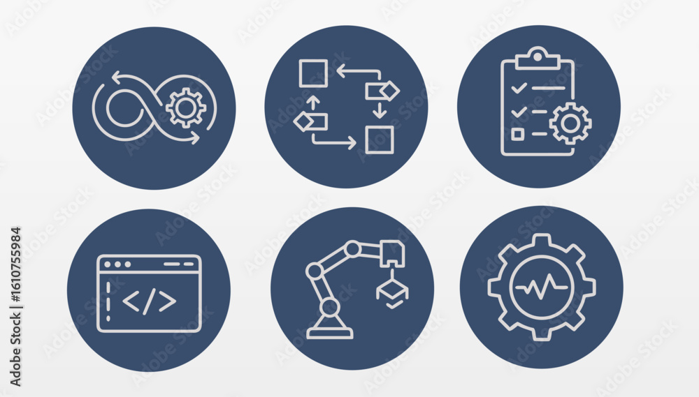 Fototapeta premium Process automation workflow icon set. Circular graphic depicts process. Business technology engineering production operation. Dark blue background round shape line style vector