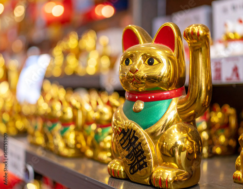 Lucky Cat Figurine in Store Display: Traditional Maneki Neko Symbol of Prosperity and Fortune for Asian Business and Cultural Interior Decoration