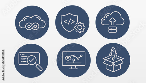 Cloud technology solution icon set. Outline icons showcase data storage security development monitoring startup. Business technology data web development. Dark blue background white line vector