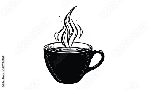 Hand-drawn black and white steaming coffee cup illustration. Vector retro hand drawn illustration