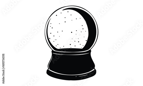 Black and white snow globe illustration with snowflakes and base. Vector retro hand drawn illustration