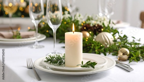 Festive table setting with candle, plates, and greenery
