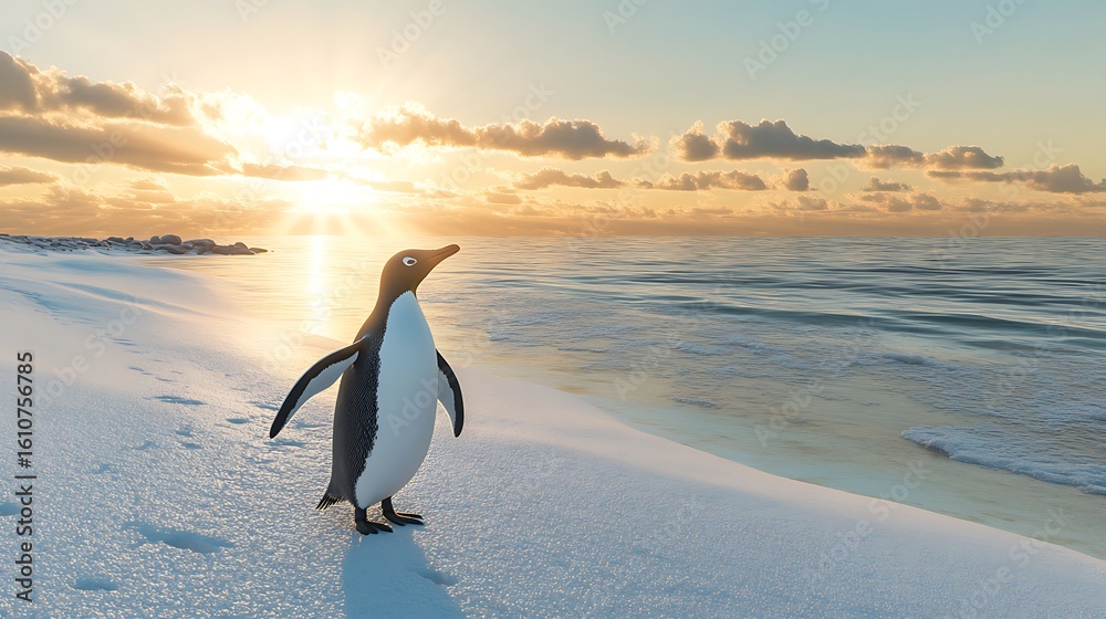 Obraz premium Lone penguin heading toward arctic sea waves high resolution picture