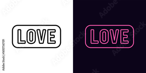Outline Love text icon, with editable stroke. Love tag with frame, romantic text and quote. Love feeling, passion button, sentiment word, romantic inscription and typography. Vector icon