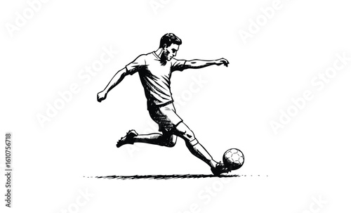 Male soccer player kicking ball: black and white sketch of athletic action. Vector retro hand drawn illustration