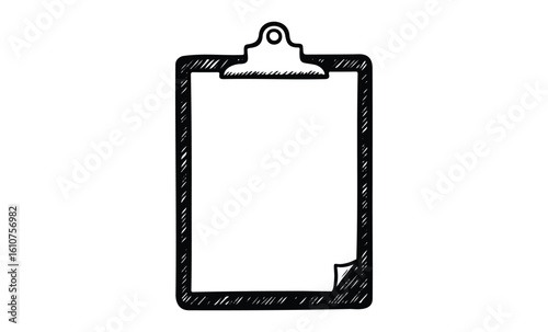 Hand-drawn black and white clipboard with blank paper illustration. Vector retro hand drawn illustration
