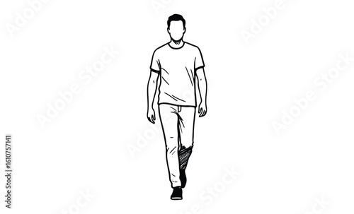 Black and white outline drawing of young caucasian male walking forward. Vector retro hand drawn illustration