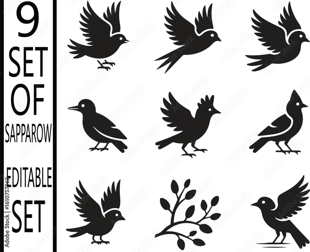 Obraz premium Nine black bird silhouettes in various poses with foliage on a white background editable set vector art